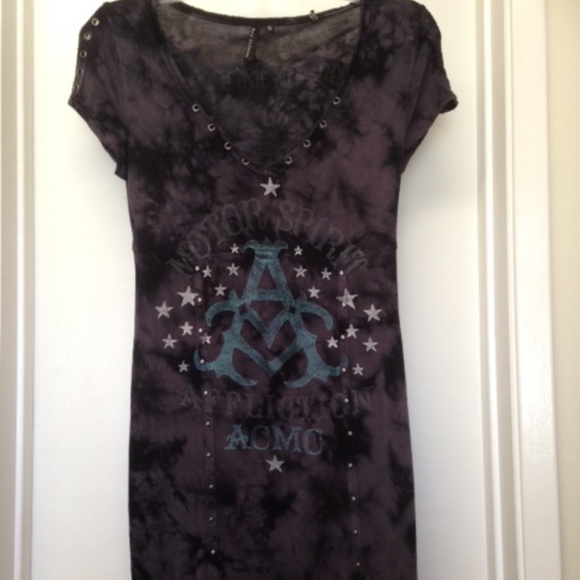 Affliction Black Premium V Neck Mini Dress Studs Rivets Stars - Picture 2 of 12